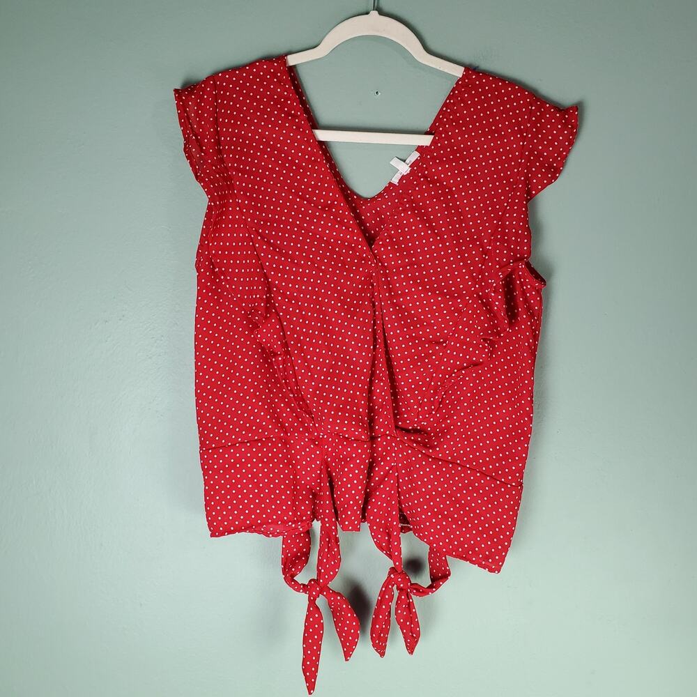Maurices Womens Red Polka Dot Ruffle Short Sleeve V-Neck Tie Blouse Size Large
